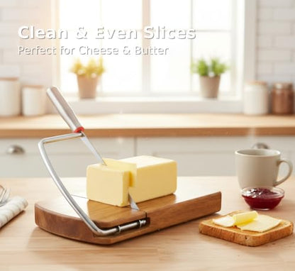 Cheese Slicer with Acacia Wood Board and Stainless Blade | Acacia wood base, stainless steel blade, for block cheese, butter, deli meat and charcuterie serving.