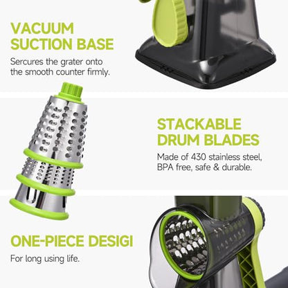 Rotary Cheese Grater with Handle Kitchen Shredder Slicer Grater Slicer Ice Shaver Cheese Vegetable Nuts Potato Zucchini Chocolate 3 Interchangeable Blades (Green TSP) - color: Green TSP