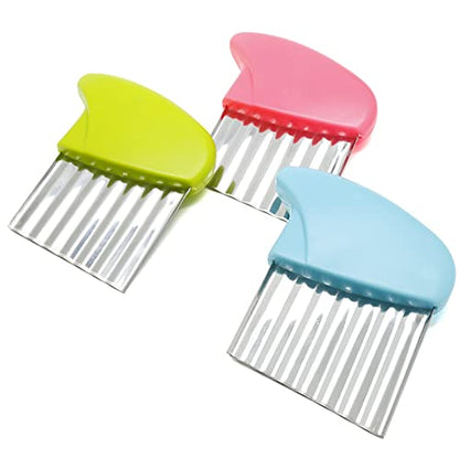 Luomorgo Stainless Steel Potato Crinkle Cutter Knife Set | 1 Fork Slicing Helper, 3 Carrot Wavy Knife, French Fry Slicer, Vegetable Wavy Chopper - color: Green & Pink & Blue & Orange