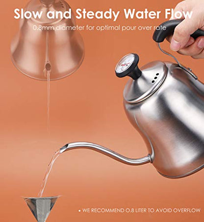 Tea Kettle with Thermometer, Gooseneck Pour Over, 28oz, Brushed | Food Grade Stainless Steel, Precise Gooseneck Spout, for Camping, Home & Kitchen, Induction & Gas Applicable - style: Brushed Silver（with Thermometer）