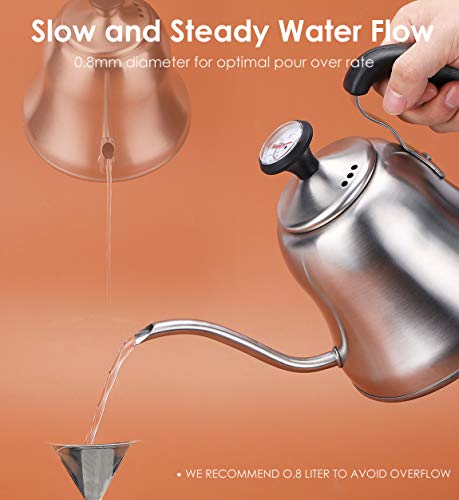 Tea Kettle with Thermometer, Gooseneck Pour Over, 28oz, Brushed | Food Grade Stainless Steel, Precise Gooseneck Spout, for Camping, Home & Kitchen, Induction & Gas Applicable - style: Brushed Silver（with Thermometer）