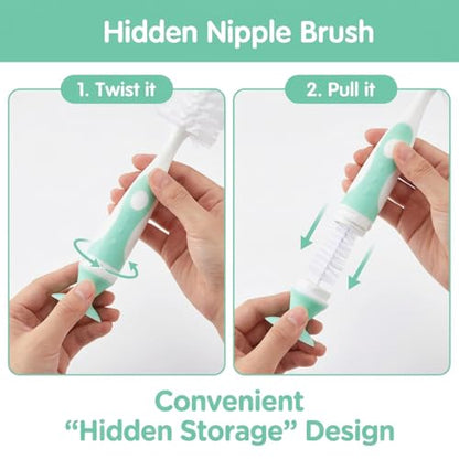 Ariseno 5-in-1 Baby Bottle Brush Set, Bottle Brush for Baby, Bottle Cleaner Brush Set, Including Nylon and Silicone Bottle Brush, Bottle Cap Brush, Straw Brush, Nipple Brush, BPA-Free (Green) - color: Green-nylon Silicone