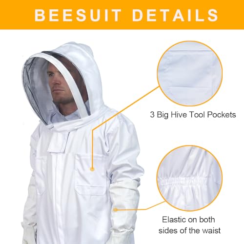 Professional Beekeeping Suit with Veil Hood – Breathable Sting-Proof Cotton, Includes Sheepskin Gloves & Reinforced Mesh, for Apiary, Backyard, Wasp Nest Removal, XL - size: XL for 5'7"-5'11"