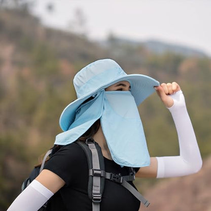 Sun Hats for Men Women Fishing Hat UPF 50+ Breathable Wide Brim Summer UV Protection Hat - color: Blue(with Face Cover & Neck Flap )