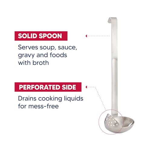 HIC Kitchen Oval Straining Ladle with Spout, 18/8 Stainless Steel, Stir, Scoop, Strain, Drain, and Serve, 3-Ounce Capacity - style: 2-in-1 Straining Ladle