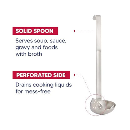HIC Kitchen Oval Straining Ladle with Spout, 18/8 Stainless Steel, Stir, Scoop, Strain, Drain, and Serve, 3-Ounce Capacity - style: 2-in-1 Straining Ladle