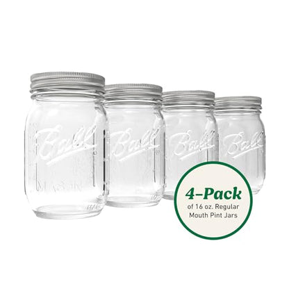 Ball Regular Mouth Pint 16oz. Glass Mason Jar with Lids and Bands, 4 Count - size: 16oz (4-Pack)