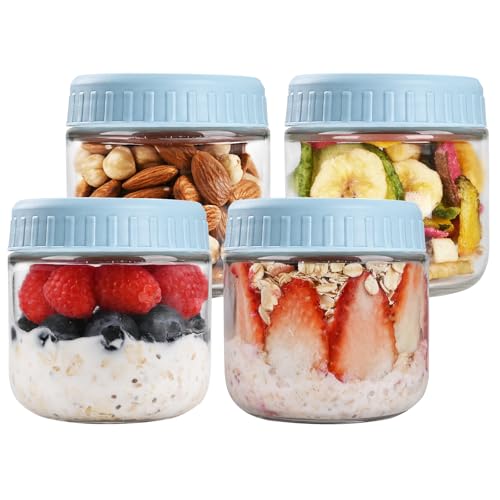 SHOWIN Overnight Oats Containers with Lids, 10oz Glass Jars with Lids 4 pcs, Light Blue, Wide Mouth Mason jars for Salad, Yogurt, Snacks, Meal Prep - color: Light Blue, size: 10oz-4pc