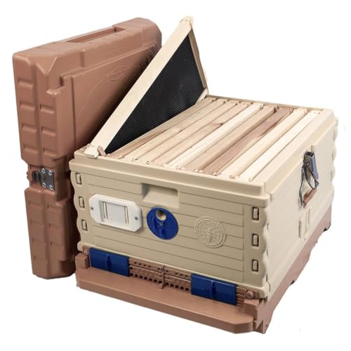 Apimaye Ergo Insulated Bee Hive Set with Wood Frames with Premier Double Wax Foundations (Double) (Tan Body Blue Entrance, Double)