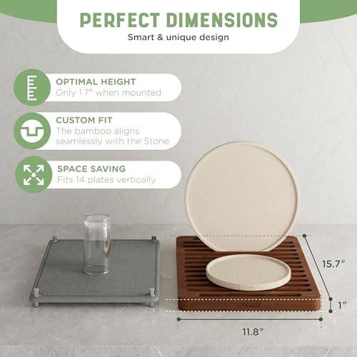 NIUM Stone Drying Mat for Kitchen Counter & Bamboo Rack - 16″x12″ - Diatomaceous Earth Dish drying mat Ultra Absorbent & Fast Drying - EcoFriendly with Non-Slip Pads & Anti-Moisture Design - color: Dark Bamboo