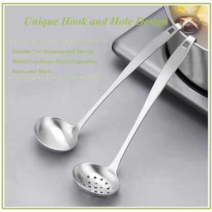 Stainless Steel Soup Ladle,Serving Ladle Scoop And Slotted Spoon Set Of 2 with Hook and Hole for Easy Hanging,Cooking Utensils Set for Kitchen - size: S With Hook