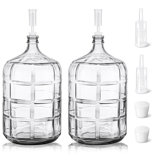 Suzile 2 Pieces 5 Gallon Glass Carboy 5 Gallon Glass Water Jug with Drilled Silicone Stoppers and Airlock Fermenting Carboy Clear Beer Wine Fermenter for Beer Wine Making Equipment - size: 5 Gallon