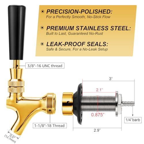 Draft Beer Shank Faucet Kit, 3Ft Beer Faucet Shank Self-Closing Golden Beer Tap Faucet, Kegerator Parts Wrench Barb Connector Tap Brush for Homebrew