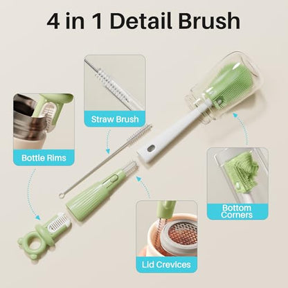 JOYMOOP Silicone Bottle Brush & Straw Cleaner Brush Set, Multi-Functional Bottle Washer for Sports Water Bottle,Glassware,Vase,and Narrow Neck Containers,Green - color: Green