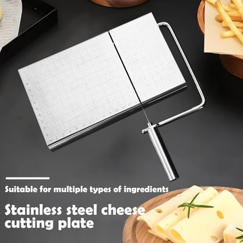 Cheese Slicer with Cutting Board and Measuring Grid, Adjustable Stainless Steel Wire Cheese Cutter for Block Cheese, Includes 5 Replacement Wires, Easy to Clean and Use