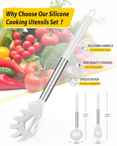 Silicone Pasta Fork and Ladle Spoon Set, Large Non Stick Kitchen Utensils for Cooking,Stirring,Serving Spaghetti, Soup, Sauce (WHITE) - color: White