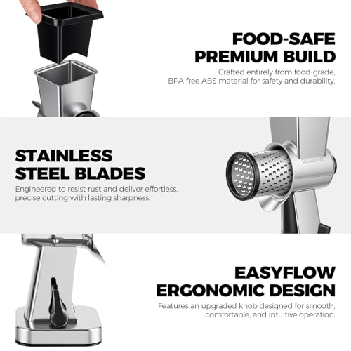 LHS Rotary Cheese Grater Stainless Steel Manual Cheese Shredder Grater Walnuts Grinder with 3 Interchangeable Drum Blades for Chocolate, Cheese and Nuts