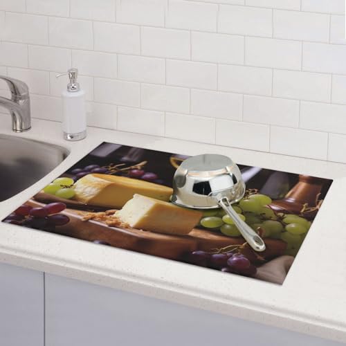 White Wine Cheese Cake Grapes Print Dish Drying Mat For Kitchen Counter Ultra Absorbent Microfiber Dishes Drainer Mats Washable Drying Pads For Sinks 18 X 24 In