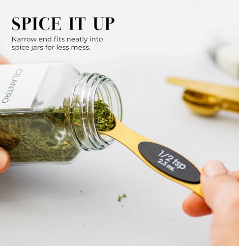 Magnetic Measuring Spoons Set – Stainless Steel Gold Measuring Spoons for Cooking and Baking – Cute and Durable Gold Kitchen Accessories - Great for Gifting - color: Black & Brass Gold