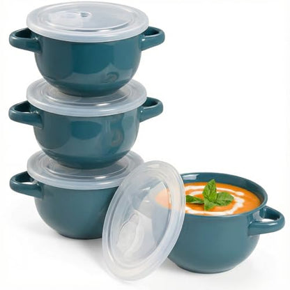 KooK French Onion Soup Bowls, Crocks, Oven Safe Bowls, Soup Mugs, Ceramic Bowls, Dishwasher, Microwave, Set of 4, 18 oz (Teal) - color: Teal
