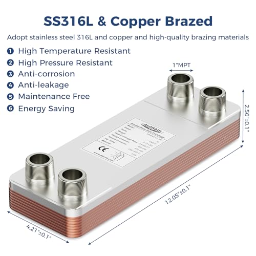 ALORAIR 4"x12" 10 Plates Heat Exchanger with 1" MPT Port,316L Stainless Steel Water to Water Brazed Plate Heat Exchanger for Floor Heating, Water Heating, Commercial and Industrial Refrigeration - size: WHE4X12-10P