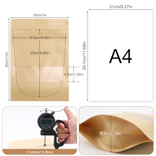 SumDirect Kraft Food Bags with Window - Resealable Kraft Stand Up Pouches, 50Pack 7X10inches Zipper Food Storage Bags for Packaging - size: 7x10inch