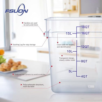 4 Pack 18 Qt Square Polycarbonate Food Storage Containers with Lids | Clear BPA-free PC with lids, side handles, measurement scale and stackable design; for food prep, storage and freezer use. - color: 18Qt