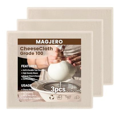 Cheese Cloths for Straining, Grade 100 Cheese Cloth, Reusable Washable Unbleached Pure Cotton Cheesecloth for Cooking and Cheese Making with Hemmed Edge (20x20 Inch-3PCS) - size: 20x20 Inch-3PCS
