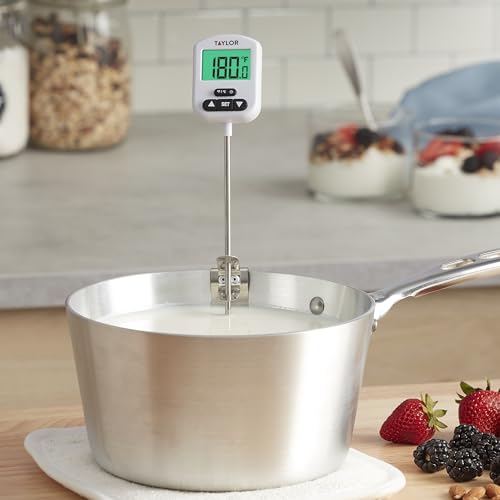 Taylor Programmable Digital Candy and Deep Fry Thermometer with Green Light Alert Display, Long Stem, and Adjustable Pan Clip, White - color: White
