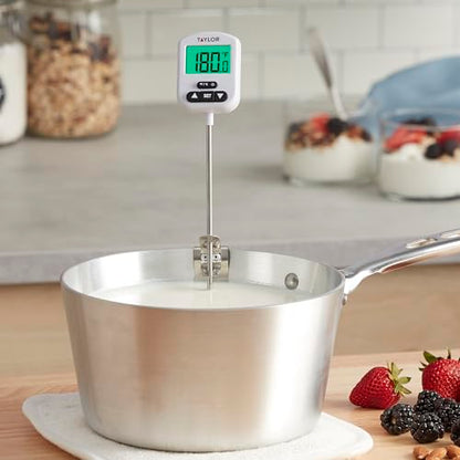 Taylor Programmable Digital Candy and Deep Fry Thermometer with Green Light Alert Display, Long Stem, and Adjustable Pan Clip, White - color: White