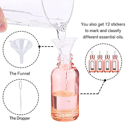 PrettyCare 4 Pack 1oz Dropper Bottles for Essential Oils with Labels, Funnel & Measured Pipettes, 30 ml Leak Proof Rose Glass Essential Oils Bottles- Empty Tincture Bottles for Personal Care & Beauty - color: 1oz Rose, style: 4 Pack
