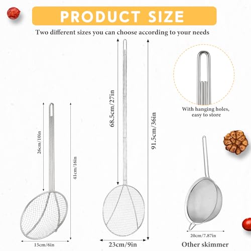Baderke 2 Pcs 36 Inch Round Plated Wire Skimmer Stainless Steel Food Strainer Spoon Mesh Stirring Fryer Skimmer with Long Handle for Kitchen Fried Food Cooking Straining Frying - size: 36 Inch