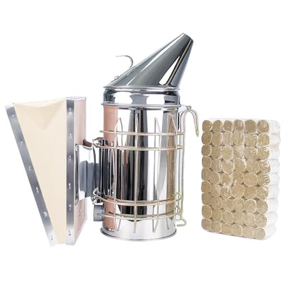BeeTech Stainless Steel Bee Hive Smoker with Heat Shield Included 54Pcs Smoker Pellets for Beekeeping Starters Supplies