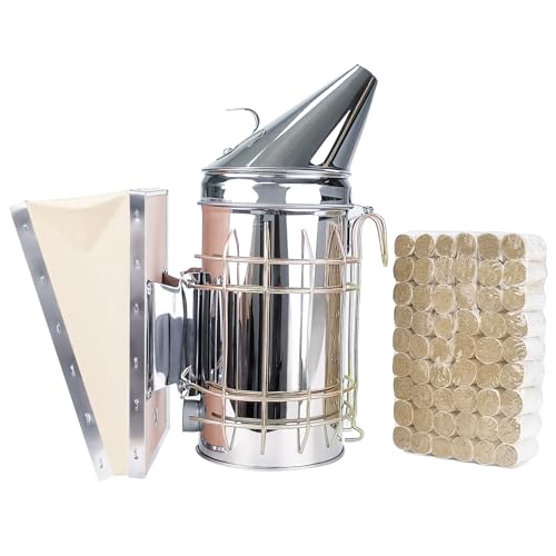 BeeTech Stainless Steel Bee Hive Smoker with Heat Shield Included 54Pcs Smoker Pellets for Beekeeping Starters Supplies