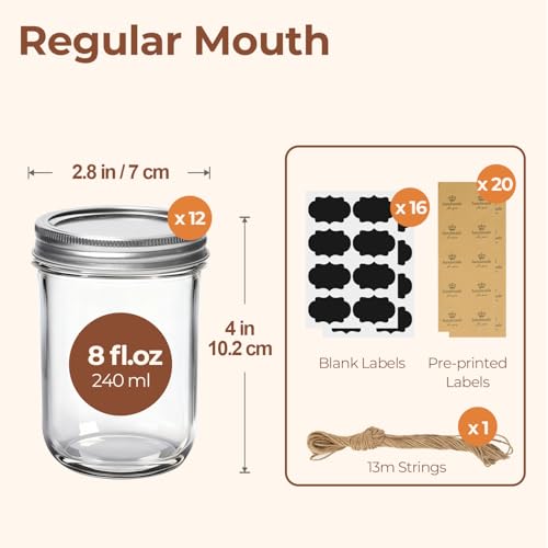 ComSaf 8 oz Mason Jars Bulk Set, 12 Pack Small Regular Mouth Jars with Lids | BPA-Free Materials, Half-Pint Portions, Small Jam, Jelly, Honey Sample, Spice Rack, DIY Candles, For Big Canning Project - size: 8oz*12 regular mough