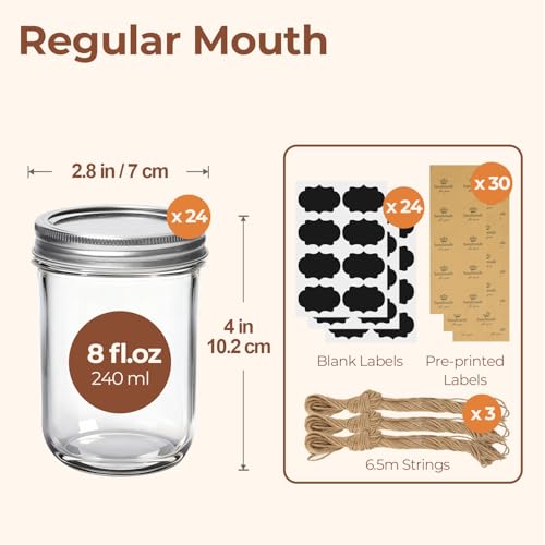 ComSaf 8 oz Mason Jars Bulk Set, 24 Pack Small Regular Mouth Jars with Lids | BPA-Free Materials, Half-Pint Portions, Small Jam, Jelly, Honey Sample, Spice Rack, DIY Candles, For Big Canning Project - size: 8oz*24 regular mouth