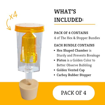 Craft A Brew - The Hex & Carboy Rubber Stopper Bundle - 3 Piece Airlock & Stopper - For Home Brew Fermentation - For Beer, Wine, Hard Cider, Mead Making, Pickling & More - 4 Hex Airlocks & 4 Stoppers - size: 4 x Combo