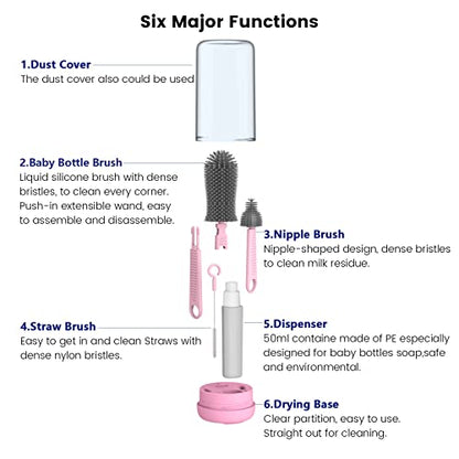 Pink Silicone Baby Bottle Cleaner Kit - Bottle Brush Set, Drying Rack, Nipple & Straw Brushes, Soap Dispenser - Travel & Home Use - color: Light Pink