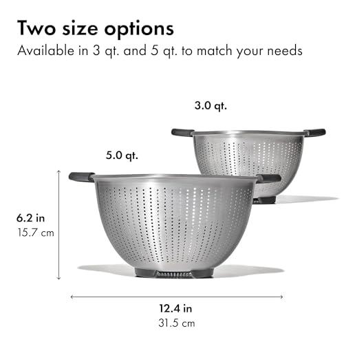 OXO Good Grips Stainless Steel Colander, 5 qt. Capacity, Strainer with Non-Slip Handles, Kitchen Colander for Pasta and Vegetables, Nesting Stainless Steel Strainer and Sieve - size: 5 Qt