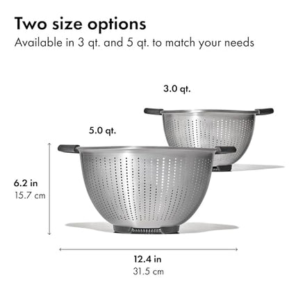 OXO Good Grips Stainless Steel Colander, 5 qt. Capacity, Strainer with Non-Slip Handles, Kitchen Colander for Pasta and Vegetables, Nesting Stainless Steel Strainer and Sieve - size: 5 Qt