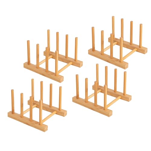HBlife 4pcs Bamboo Dish Plate Bowl Cup Book Pot Lid Cutting Board Drying Rack Stand Drainer Storage Holder Organizer Kitchen Cabinet（Keep Dry） - color: Bamboo 3 Slots 4pcs
