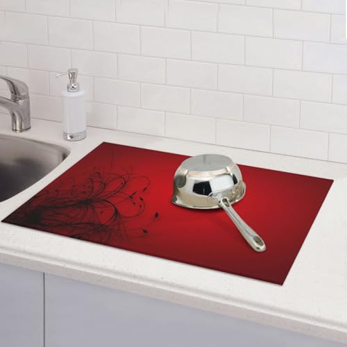 Red Black Abstract Flower Dish Drying Mat Retro Floral Modern Rustic Drying Rack Pad Countertop Dishes Ultra Absorbent Microfiber Kitchen Counter Mat 18x24 Inch - color: Red
