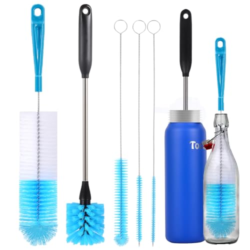 5 Pack Bottle Cleaner Brush, 15 Inches Stainless Steel Long Handle Baby Bottle Scrub Cleaning Brushes with Straw Cleaner Brush for Sports Water Bottle, Cups, Coffee Mugs, Glasswares - color: 5pcs/Blue