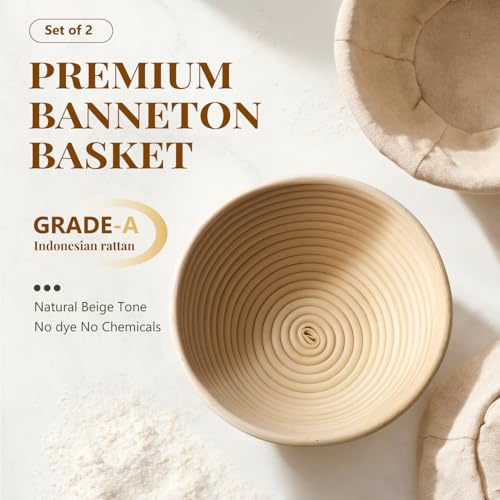 BAVIFY Sourdough Starter Kit, Banneton Bread Proofing Baskets Set | 2-Pack 9 in Round Banneton Basket, Indonesian Natural Rattan, Bread Proofing Bowl for Dough Rising, Fits up to 2.2 lb Dough