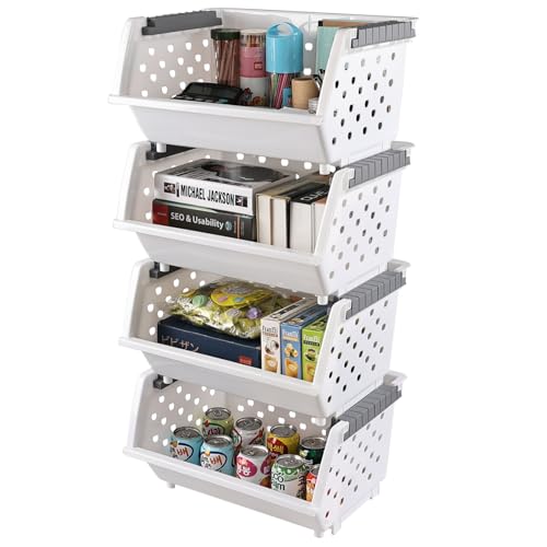 4-Pack Plastic Stackable Storage Baskets, Open Front Kitchen Organizer Basket Bin, White, F