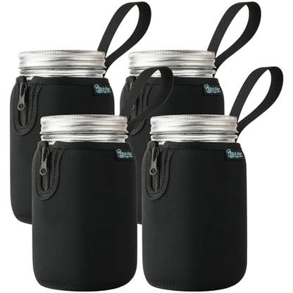 Beautyflier Mason Jars 32oz Wide Mouth Sleeve Regular Mouth Mason Jars Insulators Drinking Glass Coolers Sprouting Jars Blackout Sleeve (Black, 4PCS) - color: Black, 4PCS