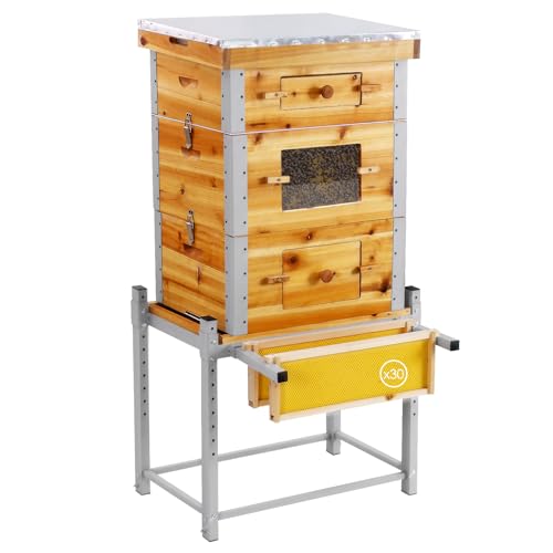 Bee Hive Boxes Starter Kit with Metal Stand,100% Beeswax Coated Bee Hive with 10 Medium and 20 Deep Frames & Foundations(3 Layer)