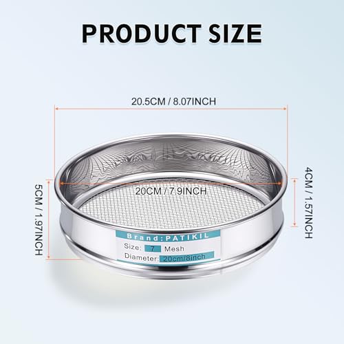 PATIKIL 7 Mesh(2.8mm) Lab Sieve, 7.9"(20cm) Diameter Sifting Screen 304 Stainless Steel Wire Cloth Fine Mesh Sieve for Industrial Laboratory Home Soil Sifter Dry Sift Screens Hash - size: 7 Mesh(2.8mm)/7.9"