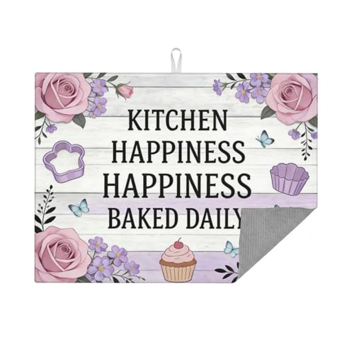 Kitchen Drying Mat for Countertop Kitchen Happiness Baking Quote Design Non-Slip Kitchen Counter Mat for Dishes Glassware - color: White Purple