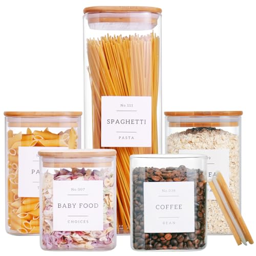 CZZGSM 5 Pack Square Glass Pantry Storage Containers with 132 Kitchen Food Pantry Labels - Clear Glass Jars with Airtight Wood Bamboo Lids - Glass Canisters for Cookies, Nuts, Cereal - color: 5 Pack